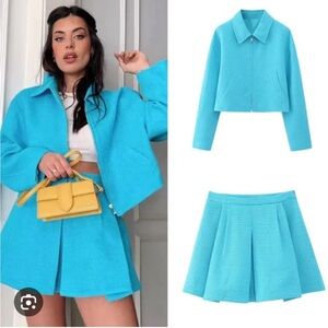 NWT Zara 2-Piece Collared Crop Texture Bomber Jacket and Mini Skirt Set